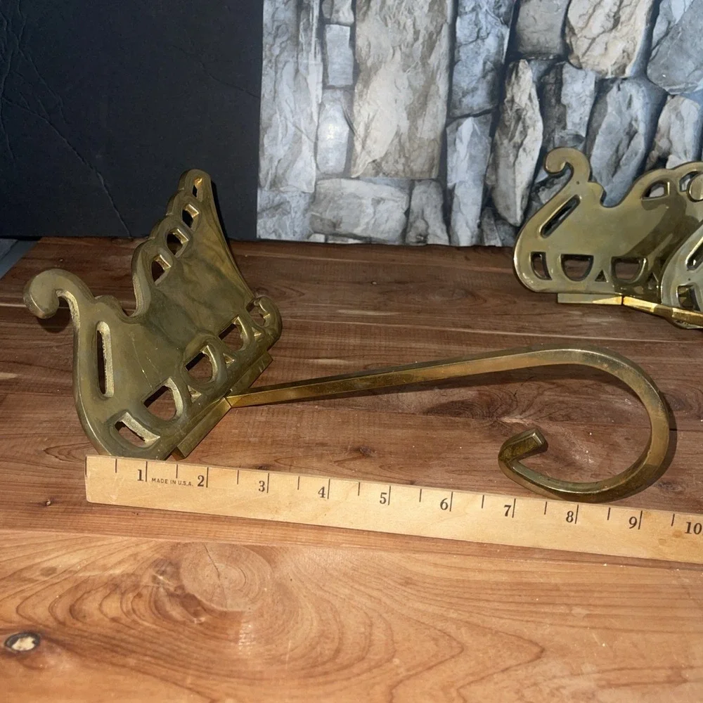 4 VTG Solid Brass Sleigh Stocking Holder Hanger Hook Long Arm Christmas Mantel